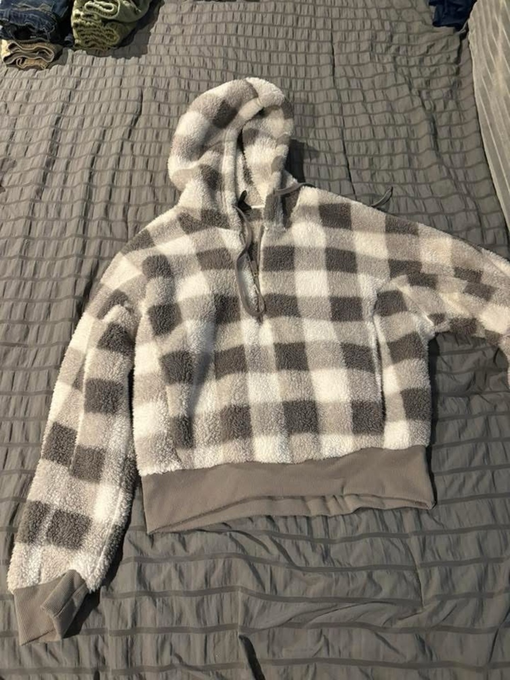 Cozy Gray & White Plaid Sherpa Hoodie